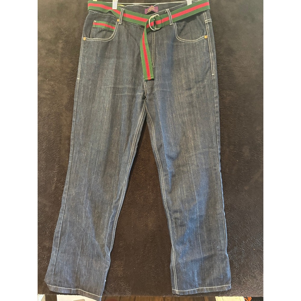 Atti Mens Denim‎ Jeans 38x32 Embellished Pockets Red Green Belt Detailed